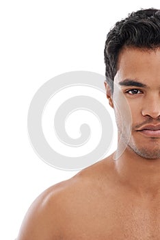 Skincare, man and half portrait in studio for wellness, treatment or glowing skin on white background. Face, mockup or