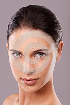 Skincare, natural face and portrait of woman in studio for wellness, beauty and facial treatment. Luxury salon