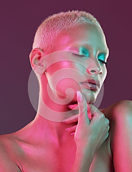 Skincare, neon beauty and woman with eyes closed, makeup and lights in creative advertising on studio background