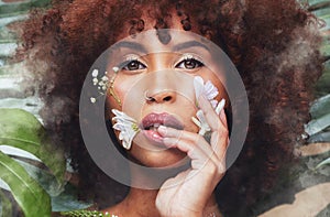 Skincare, portrait and black woman with flowers for beauty, creative art or eco friendly cosmetics from nature or forest