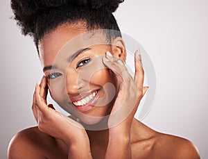 Skincare portrait, woman hand and face closeup of beauty, dermatology and facial treatment. Spa, wellness and skin glow