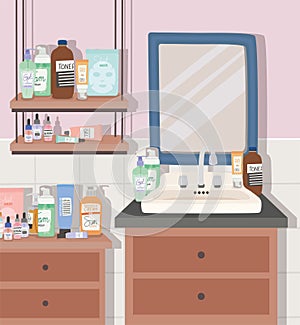 skincare products and furnitures in a bathroom