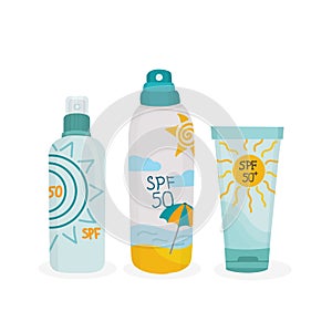 Skincare, protection, sun Safety Cosmetics: SPF 50 Sunscreen Cream in Tube and Bottle, Sunblock Lotion. Isolated EPS in