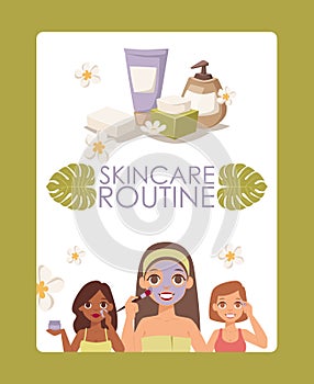 Skincare routine, vector illustration. Face skin treatment products advertisement poster, brochure cover, cosmetics