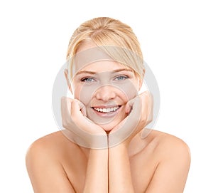 Skincare, smile and portrait of woman in studio with natural, health and wellness face routine. Cosmetic, beauty and