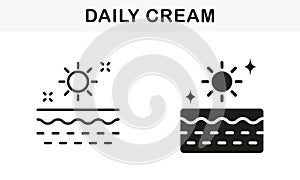 Daily Skincare.Sunscreen, Sun Block Cream Symbol Collection. Day Cream Line and Silhouette Black Icon Set. Daily Cream