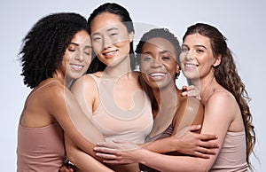 Skincare, support and diversity of women with a hug for makeup collaboration, cosmetics and beauty on a studio