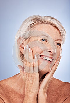 Skincare, thinking and senior face of woman with smile for natural cosmetic, wellness and dermatology treatment