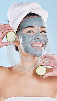 Skincare woman, facial mask and cucumber beauty cosmetics after fresh shower, bathroom grooming routine and cool