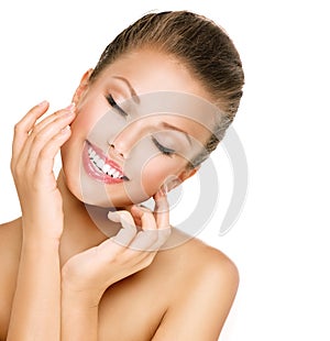 Skincare. Woman smiling with closed eyes