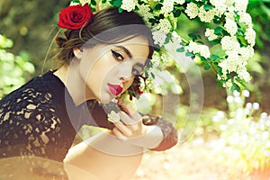Skincare, youth, health. beauty and fashion, girl with spanish makeup, rose in hair