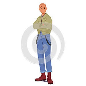 Skinhead Male Character Stands Full Height With A Distinctive Look, Shaved Head, Boots, Jeans, Crossed Arms, Vector