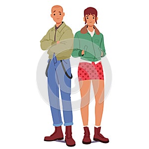 Skinhead Subculture Couple Embrace Distinctive Style, Featuring Shaved Heads Or Short Hair, Boots And Jeans