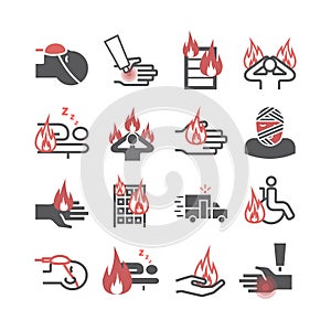 Skinl Burns icons. Treatment. Vector illustrations. Vector signs for web graphics.