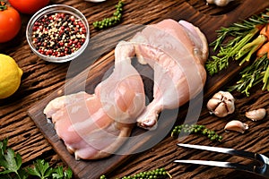 Skinless raw chicken thighs with ingredients for cooking on a wooden cutting board photo