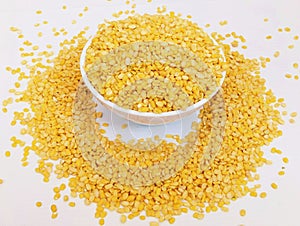 Skinned and split green gram yellow moong dal lentils mung beans pulse food sabatmoong mungpea peeled without husk stock photo