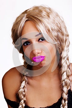 Skinny African American Woman Lips Puckered Blond Wig