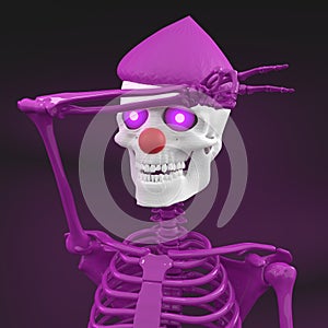 Skinny Bones skeleton with droplet hat and clown nose