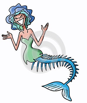 Skinny cartoon mermaid with short blue hair vector