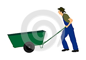 Skinny farmer, or construction worker with wheelbarrow vector illustration.