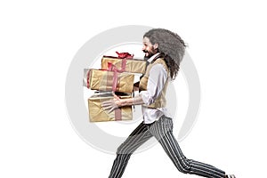 Skinny man running with the bunch of presents