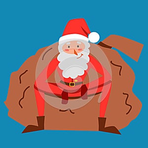 Skinny Santa Claus is sitting on a bag of gifts with his legs wide apart