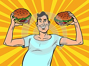 Skinny weak man with burgers