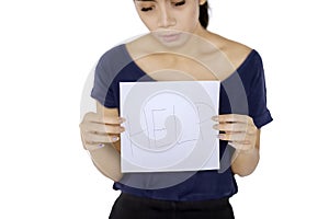 Skinny woman holding a paper with help word