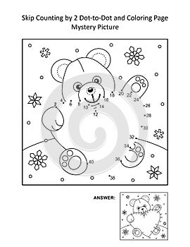 Skip counting by 2 dot-to-dot and coloring page - teddy bear and big heart. Answer included.