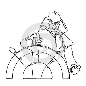 Skipper Fisherman Helmsman or Ship Captain at the Helm Front View Continuous Line Drawing photo