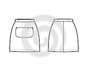 Skirt apron technical fashion illustration with mini silhouette, pencil fullness, big center pocket Flat bottom template