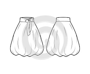 Skirt balloon technical fashion illustration with bow, below-the-knee length silhouette, wide stretch waistband.