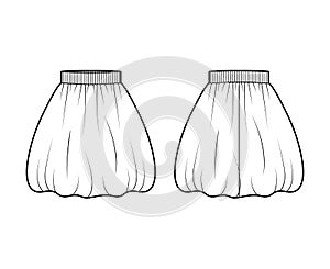 Skirt balloon technical fashion illustration with knee silhouette, semi-circular fullness, thick stretch waistband. Flat