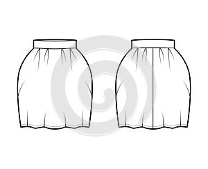 Skirt bell technical fashion illustration with pegged above-the-knee silhouette, pencil fullness, thick waistband. Flat