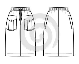 Skirt cargo technical fashion illustration with knee length, pockets with flap, stretch drawstring waistband. Flat