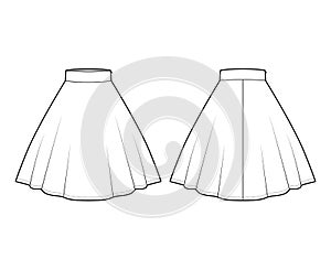 Skirt circular fullness technical fashion illustration with below-the-knee lengths silhouette, thick waistband bottom