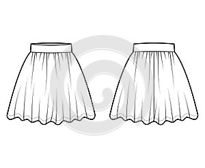 Skirt dirndl technical fashion illustration with above-the-knee lengths, circular fullness, thick waistband. Flat bottom