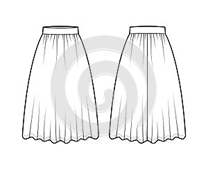 Skirt dirndl technical fashion illustration with below-the-knee lengths, semi-circular fullness, thick waistband . Flat photo