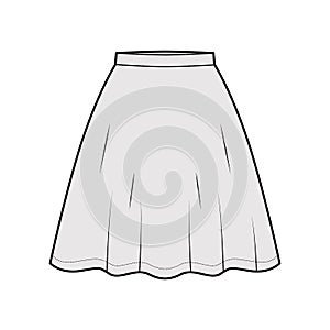 Skirt flared skater technical fashion illustration with above-the-knee silhouette, semi-circular fullness. Flat bottom