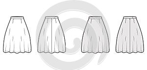 Skirt flared skater technical fashion illustration with below-the-knee silhouette, semi-circular fullness. Flat bottom