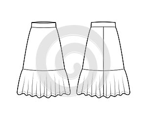 Skirt flounce technical fashion illustration with below-the-knee lengths, A-line silhouette, thick waistband bottom photo