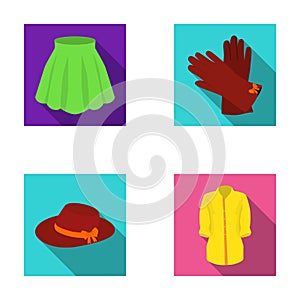 Skirt with folds, leather gloves, women`s hat with a bow, shirt on the fastener. Women`s clothing set collection icons