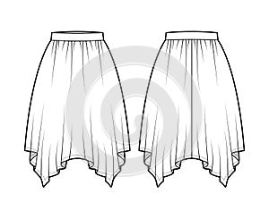 Skirt handkerchief technical fashion illustration with circular knee silhouette, pencil fullness, thin waistband. Flat