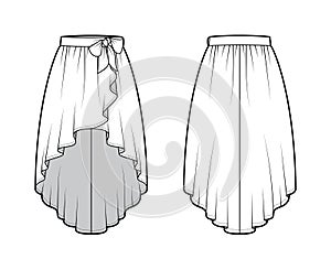 Skirt high low cascade wrap technical fashion illustration with semi-circular fullness, thick waistband. Flat bottom