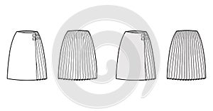 Skirt kilt wrap technical fashion illustration with straight knee silhouette, close with carabiner connector Flat bottom