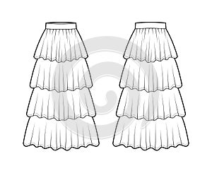 Skirt 4 layered flounce maxi technical fashion illustration with floor ankle lengths silhouette, circular fullness. Flat photo
