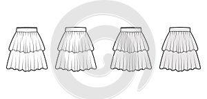 Skirt 2 layered flounce technical fashion illustration with knee length silhouette, circular fullness. Flat bottom photo