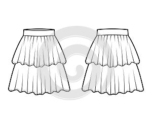 Skirt layered flounce technical fashion illustration with knee length silhouette, circular fullness. Flat bottom photo