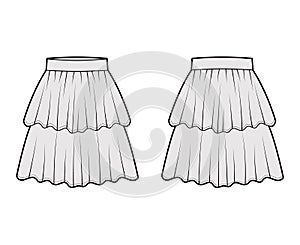 Skirt layered flounce technical fashion illustration with knee length silhouette, circular fullness. Flat bottom photo