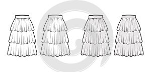 Skirt layered ruffle tiared flounce technical fashion illustration with below-the-knee lengths, circle silhouette. Flat photo